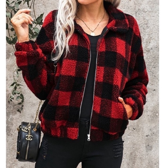 Plaid jacket fuzzy sherpa coat - Picture 12 of 13